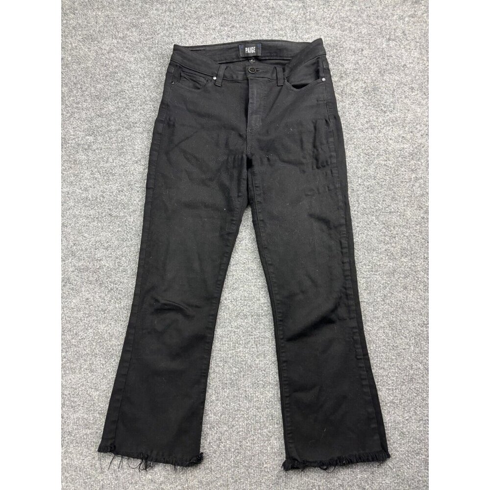 Paige Colette Crop‎ Flare Jeans Women's 27 Black Denim Raw Hem Mid Rise